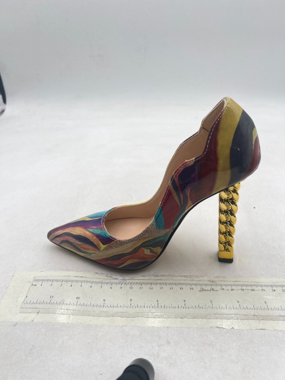 FSJ Purple Gold Metal Chain Chunky High Heel Pointed Toe Slip On Party Shoes